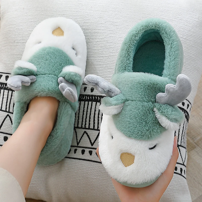 Women's Plus Size Bag with Cotton Slippers, Men's Home Cotton Slippers, Couple Indoor Cartoon Antler Plush Slippers, Size 36-45