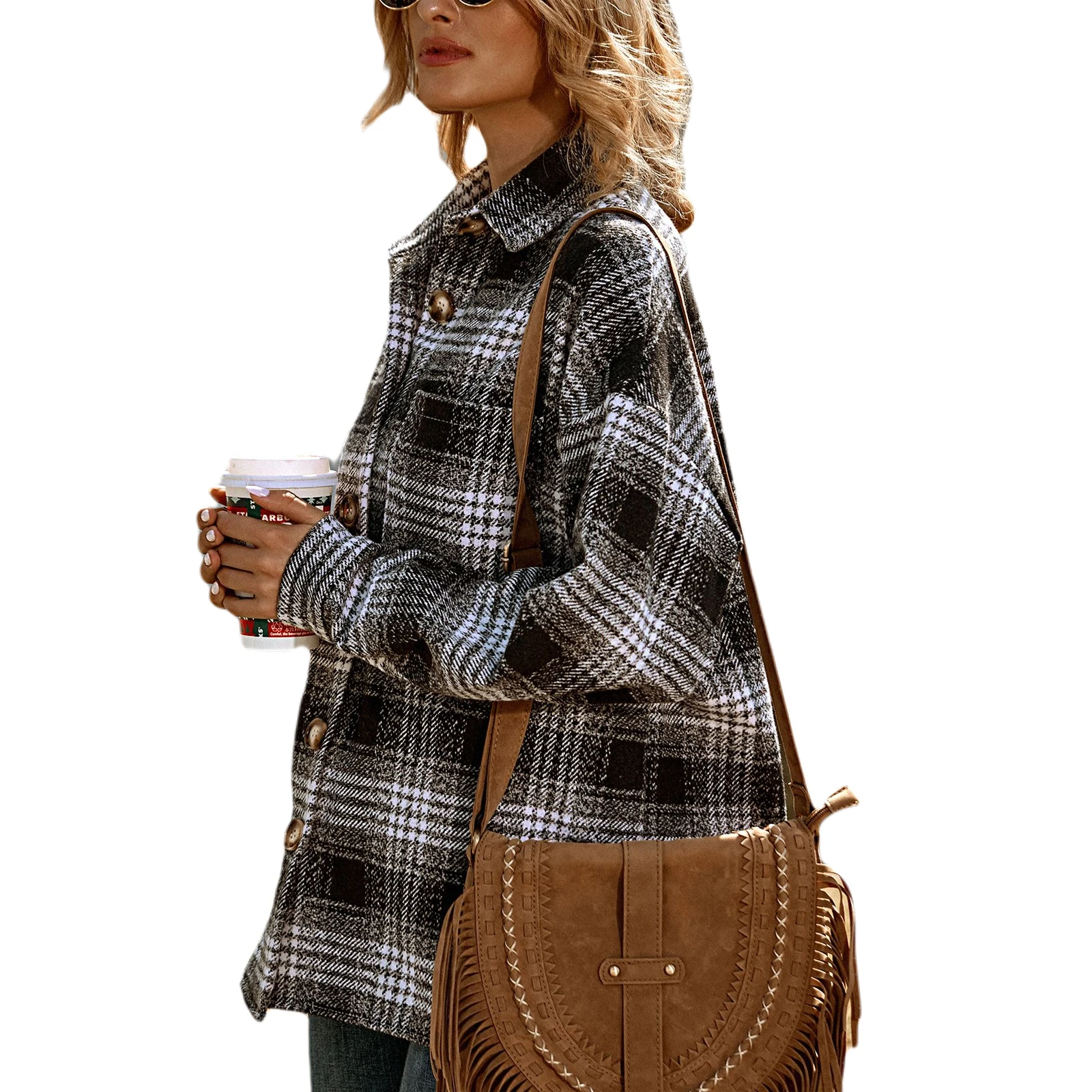 

Women Jacket Plaid Print Casual Long Sleeve Button Down Loose Lapel Coat with Pocket Ladies Cardigan Casual Warm Spring Fall