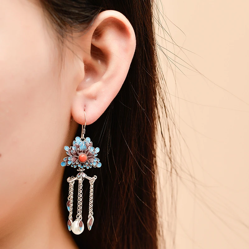 

Vintage Cloisonne Lotus Tassel Earring S925 Silver Pearl Agate Enamel Craft Drop Earrings Fine Jewelry Women Ethnic Trendy Gift
