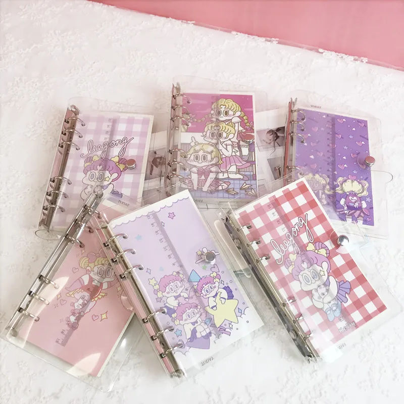 

Binder Loose-Leaf Notebook Transparent Girl heart Cartoons Cover Diary DIY Notepad PVC Button School Office Planner Stationery