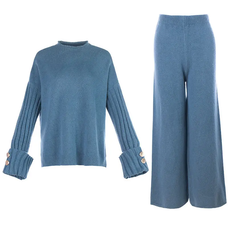 

Fashion Casual Sweater Pants Knitted Set Autumn And Winter Pullover Female Knit Wide Leg Trousers Women Suit 2 Piece Outfit y961