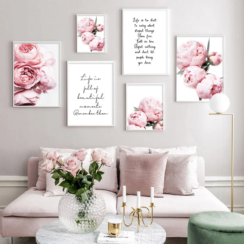 

Pink Peony Canvas Poster Nordic Print Positive Life Text Quote Painting Flower Decoration Picture Modern Living Room Decor