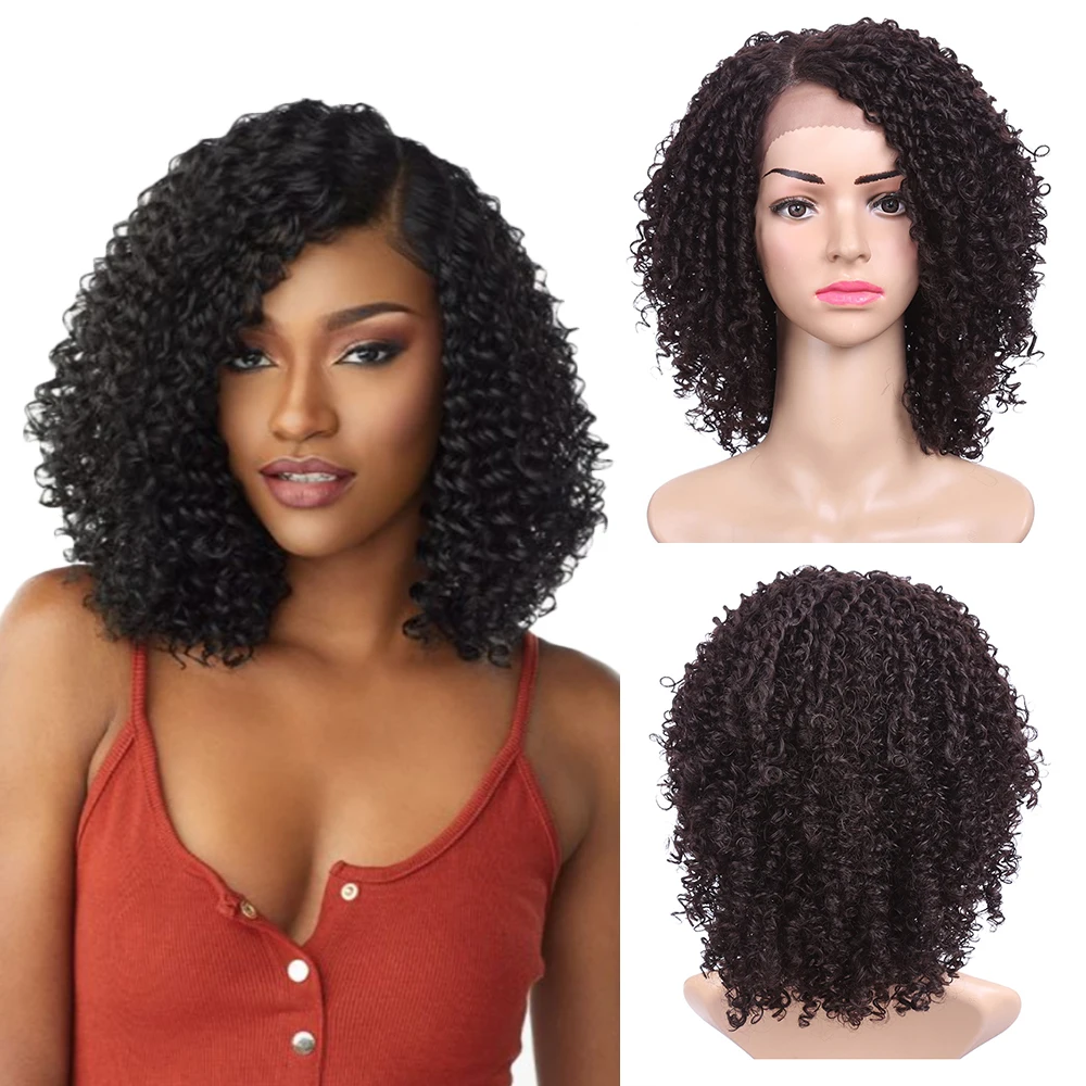 

Golden Beauty 14inch Synthetic Short Bobo Hair Kinky Curly Wig Tpart Lace Wig High Temperature Fiber Ombre Wigs For Black Women