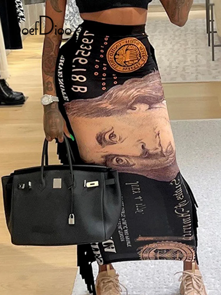 

Soefdioo Fashion Slim Side Tassel DOLLAR Printing Long Skirt Woman Skirts Sexy Clothing Spring 2022 Vintage Streetwear