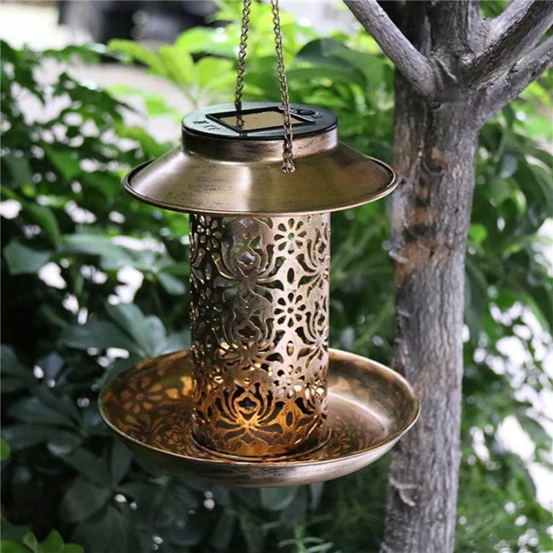Solar Bird Feeder, Metal Wrought Iron Hollow Lantern Antique Hanging Garden Decoration