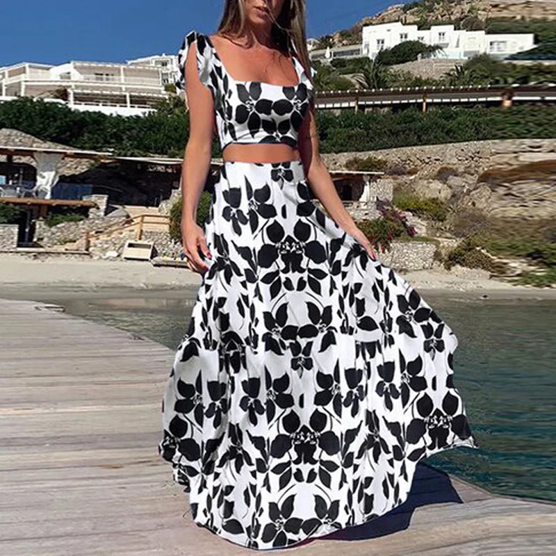

Floral Print Summer Beach Dresses For Women 2021 Two Piece Skirt Set Ruffles Crop Top And Maxi Long Skirt Party 2 Piece Sets