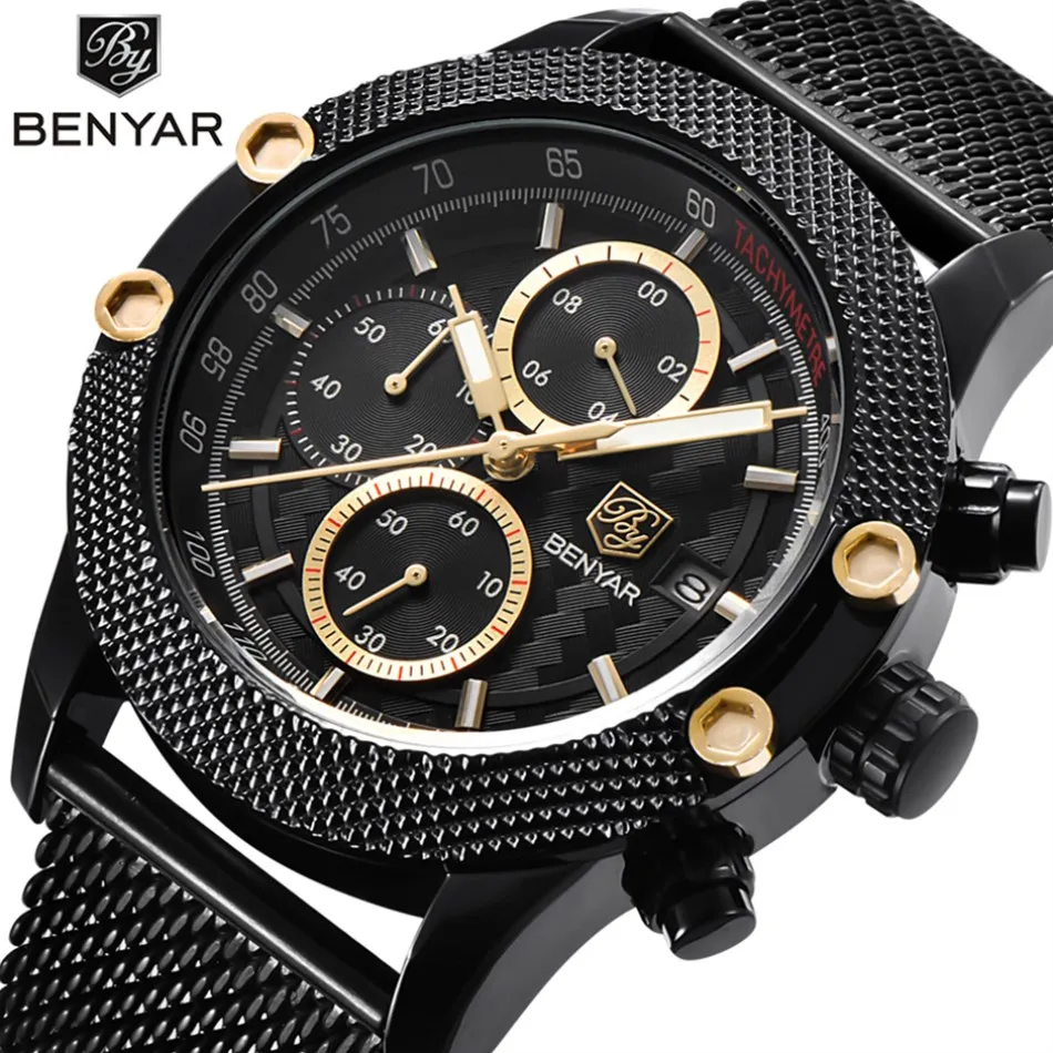 Часы наручные Benyar Мужские кварцевые брендовые Роскошные водонепроницаемые