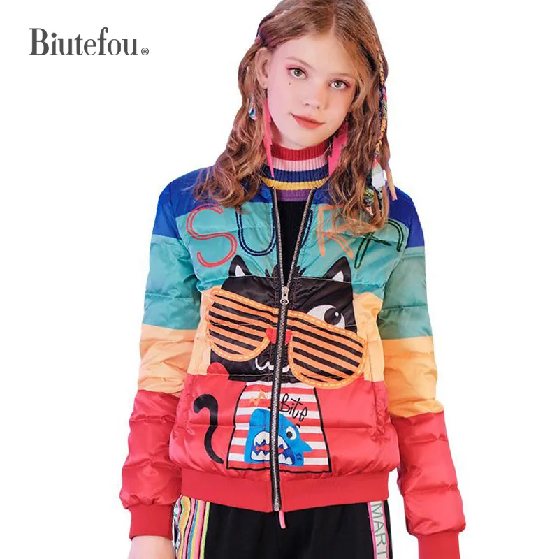 2019 зимние пуховики с принтом из мультфильмов модные тонкие женские короткие