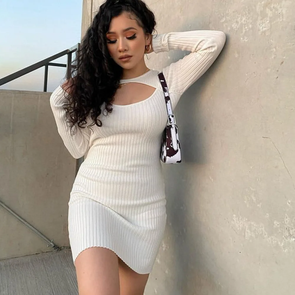 

2021 Autumn sexy front hollow out knitted mini dress Women's elastic rib bottom wrapped pencil dresses winter party chothes