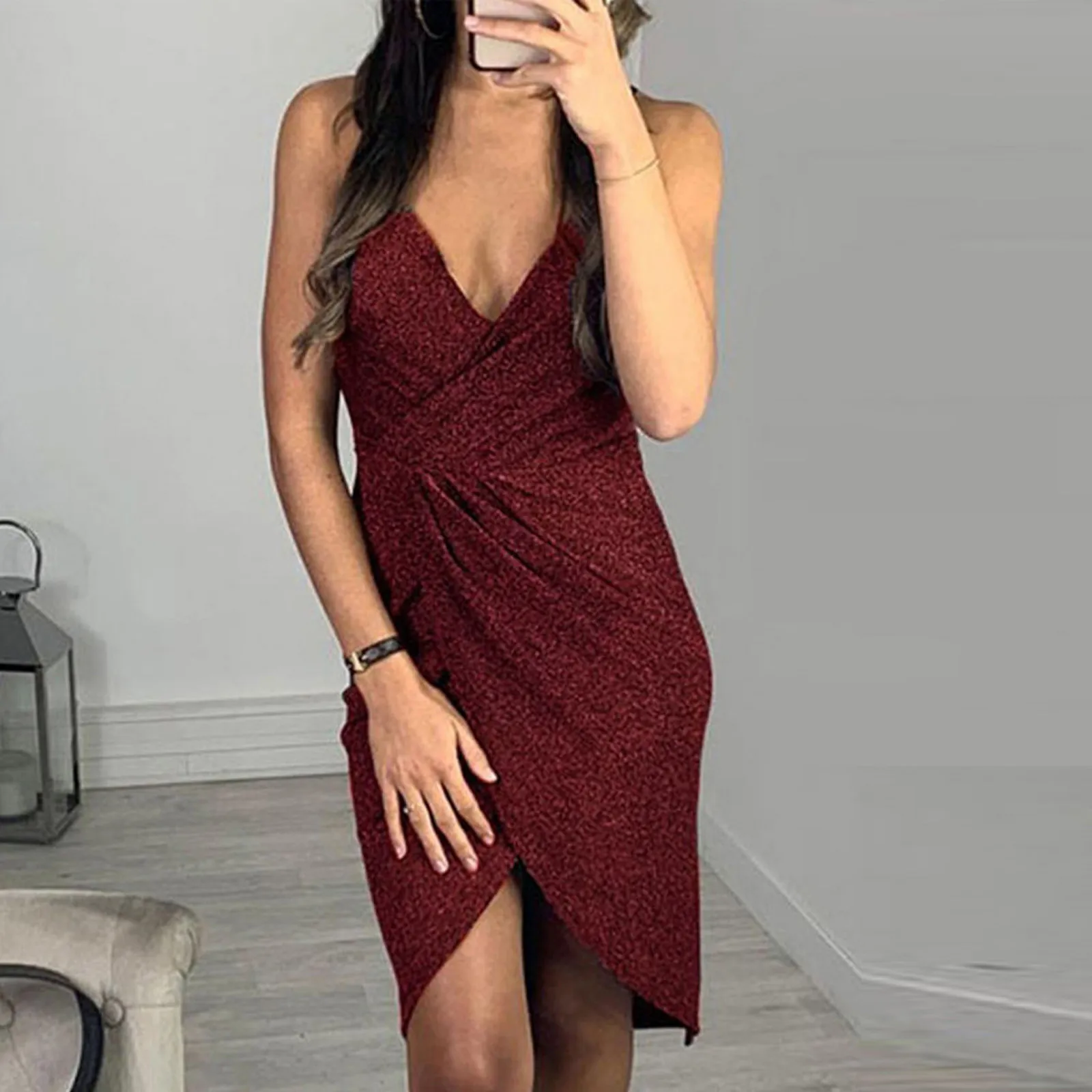 Леди блестками однотонная Цвет с v образным вырезом сексуальное Разделение