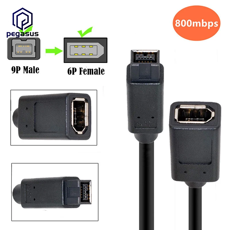 

IEEE 1394 Cable 1394 6Pin Female to 1394b 9Pin Male Firewire 400 to 800 Digital Camera Adapter Cable 20cm