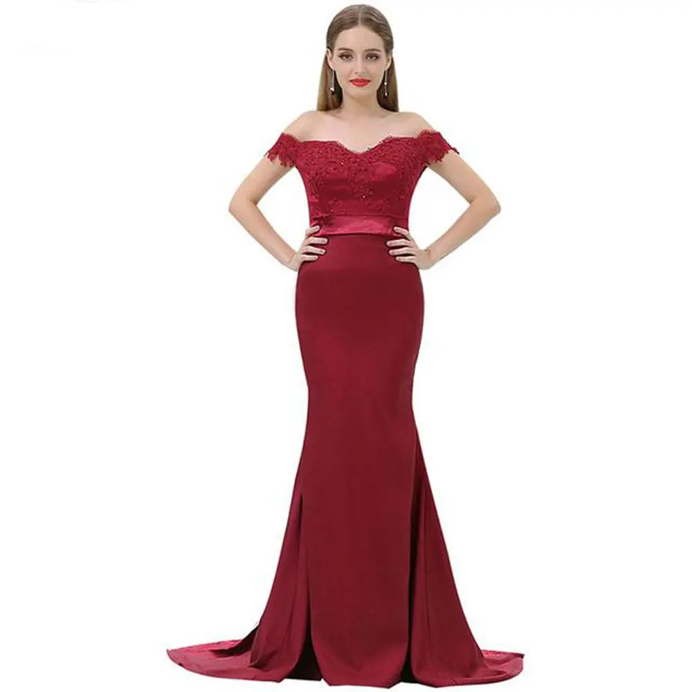 

Burgundy Mermaid / Trumpet horizontal neck Floor length Sweep/Brush Applique Sleeveless Button Off-the-shoulder Evening Dresses