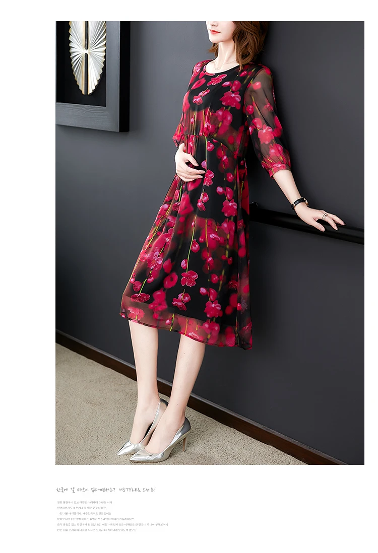 Elegant Female Vestidos Real Silk Dresses 2020 New Summer Vintage A-line Print Dress Loose O-Neck Short Sleevele | Женская одежда