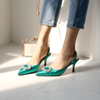2020 summer new pointed high heel rhinestone square buckle sandals silk fabrics korean style all match baotou womens sandals