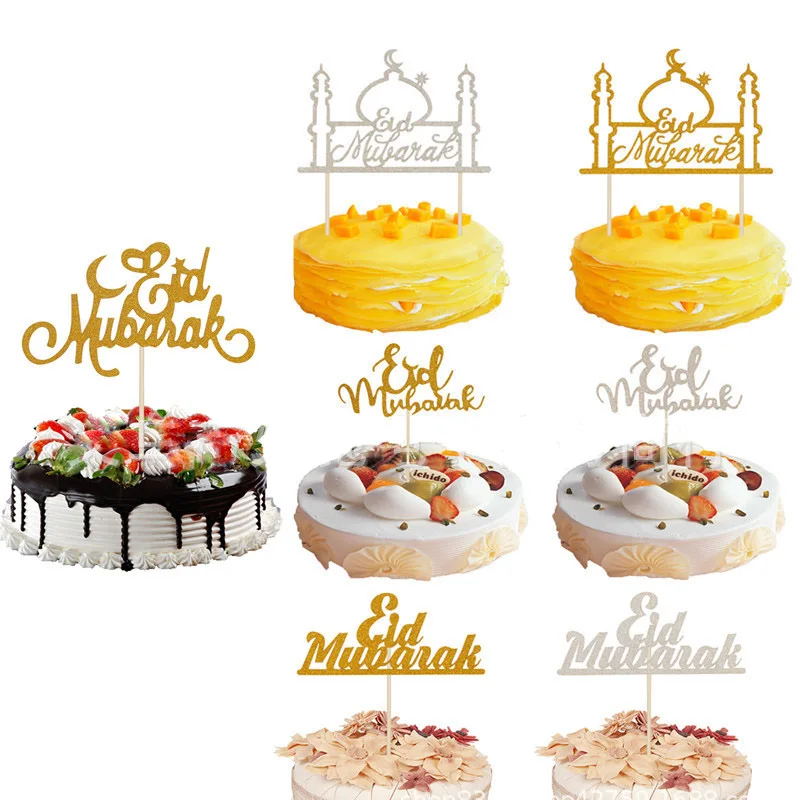 

2 шт., топпер для пирожных Eid Mubarak, золотой блеск, Рамадан, топпер для торта Hajj Mubarak, украшения для торта, мусульманский ИД, декор для выпечки, фл...