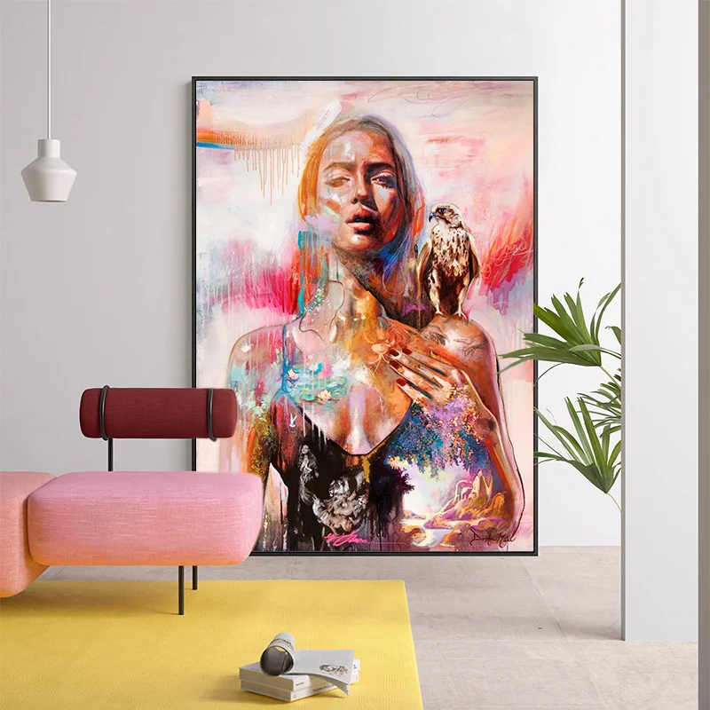 Красивая девушка лев тигр леопард цветок искусство холст живопись абстрактные