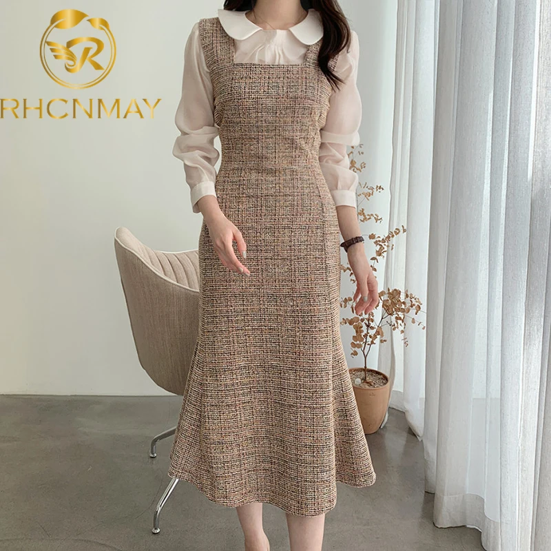 

Autumn Winter Women Vintage Long Tweed Dress Korean Suspender Strap Square Collar Slim Tunic 2021 Ladies Dress Elegant