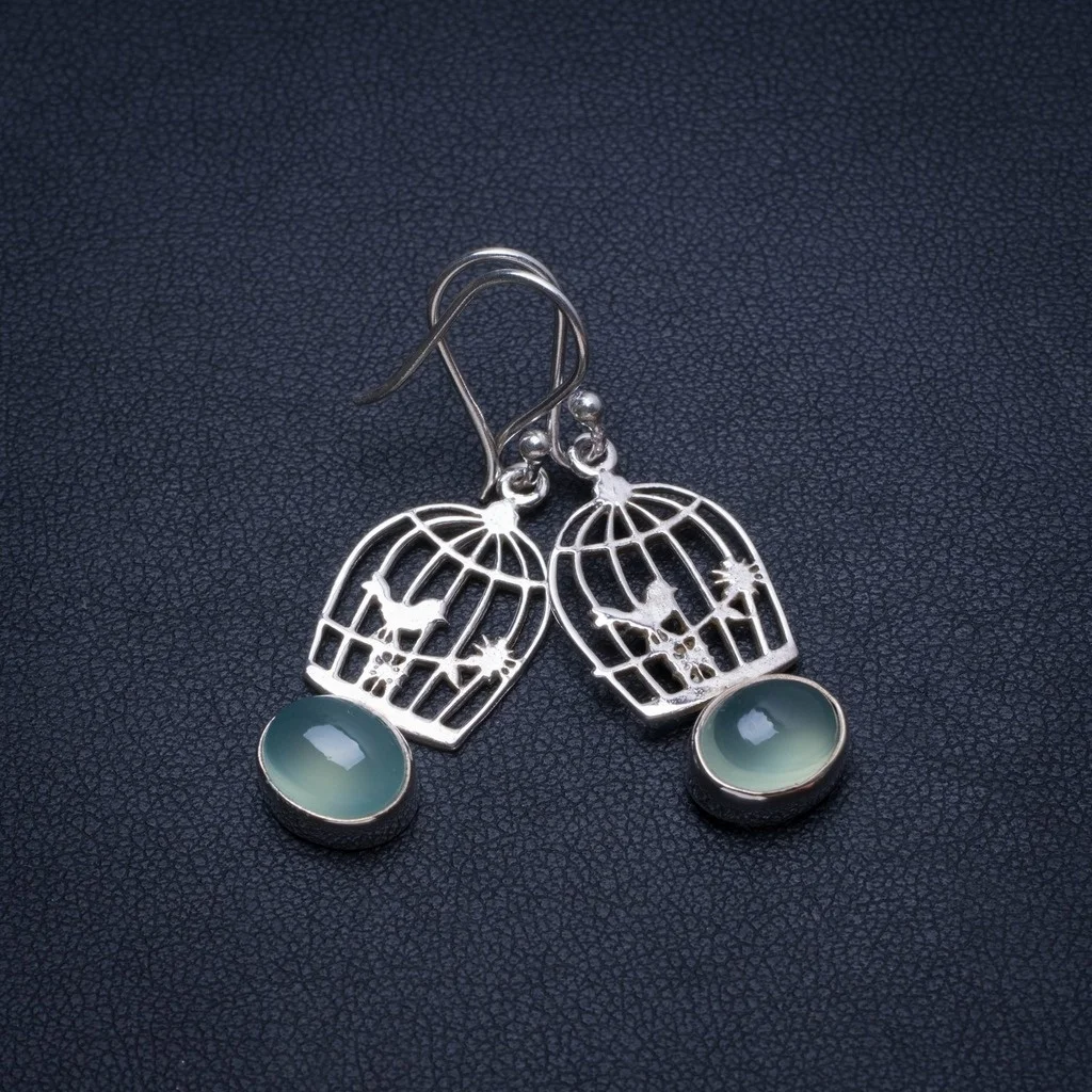 Серьги ручной работы из натурального халцедона в стиле бохо серебра с рисунком 1