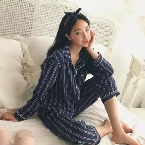 Spring 2020 New Women Pajamas Turn-down Collar Sleepwear 2 Two Piece Sets Shirt+Long Striped Pajama Set DC813 | Женская одежда
