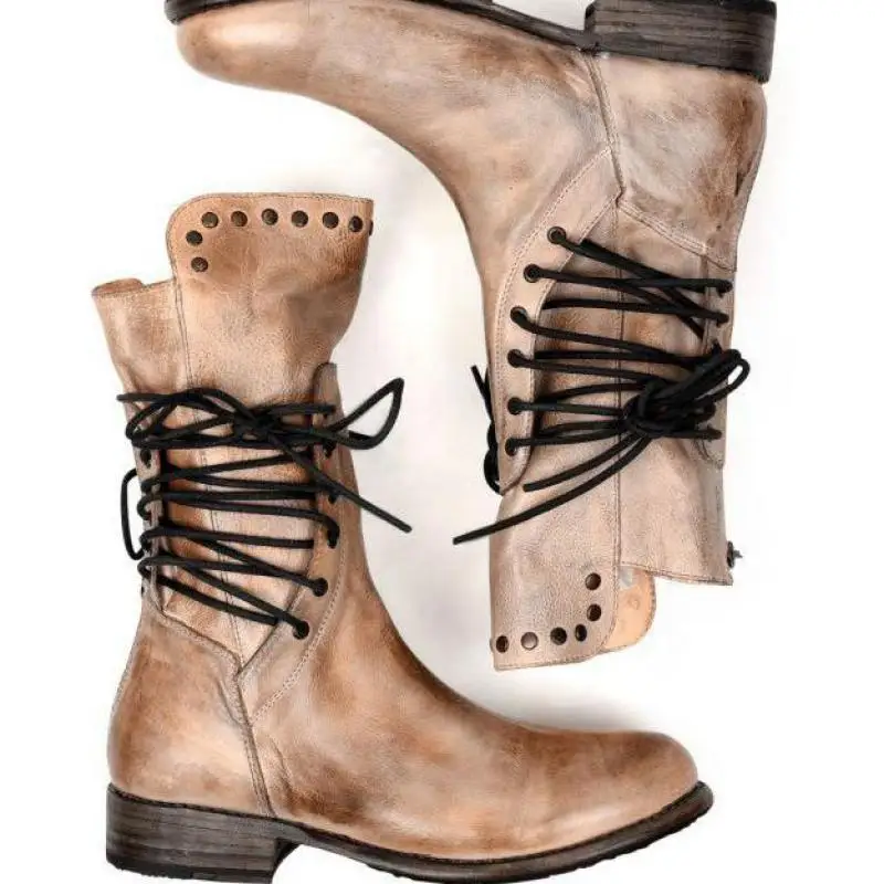 New Retro Woman Shoes Pu Leather Winter Boots Women Fashion Vintage Rivets Round Toe Lace-Up Mid-calf Zipper Boots 43