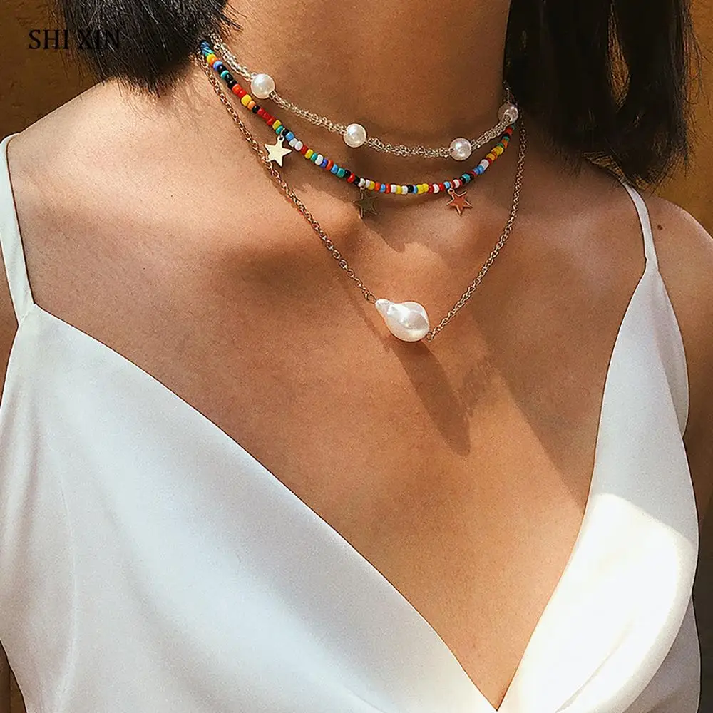 Ожерелье SHIXIN Boho с радужными бусинами модное ожерелье подвеской в виде