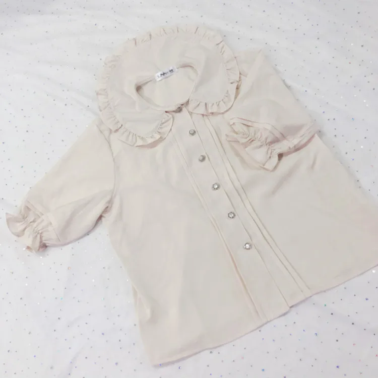 

Lolita Style Blouse Japanese Cute Sweet Ruffles Shirt Long Sleeve Peter pan Collar Lace Trim Single Breasted Blouse Shirts Tops