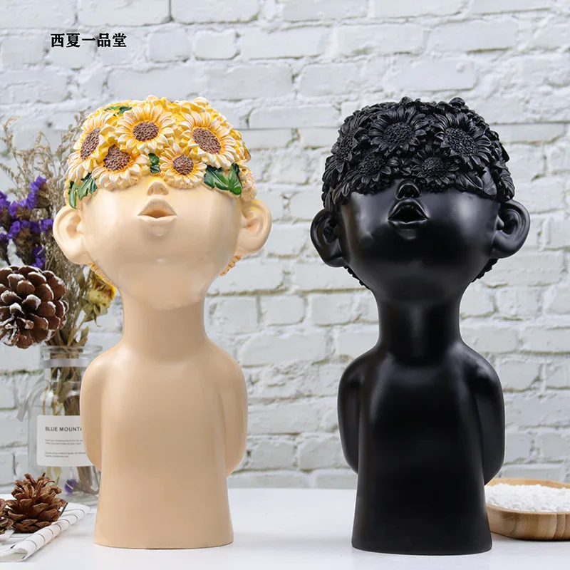 

Abstract Figure Statue Painted Sunflower Boys Ornaments Desk Decor Minimalist Home Decoration Modern Resin Sculpture Crafts