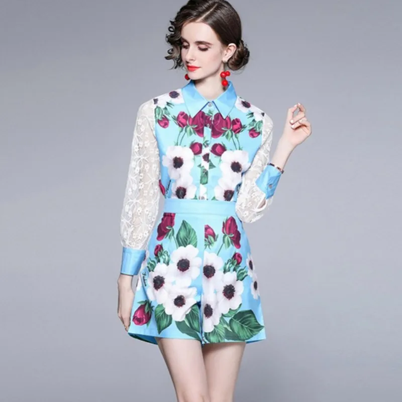 

Женский комплект из 2 предметов, кружевная Лоскутная рубашка с длинным рукавом и отложным воротником и шорты с принтом, лето 2021