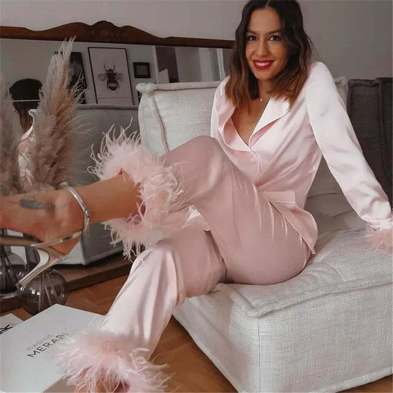 2Pcs Women Pajamas Set Autumn Casual Lapel Tops + Feather Pants Suits Sexy Lingerie Nightwear Silk Satin Pyjamas pjs Suit