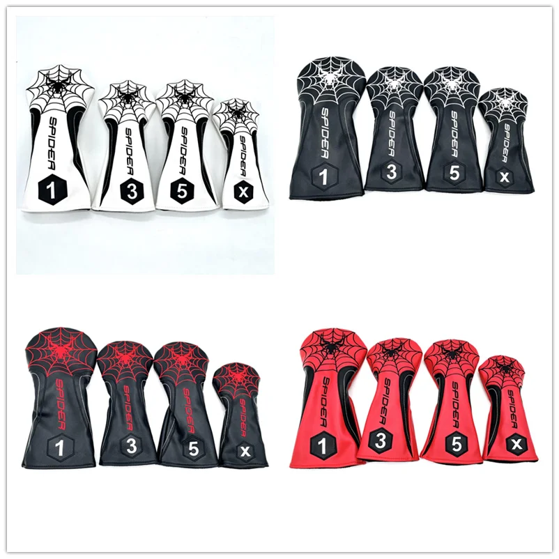 

New Pattern White/red/black Pu Leather with Spider Embroidery Wood Head Cover Golf Club Driver Fairway Wood Fw Hybrid Head Cover