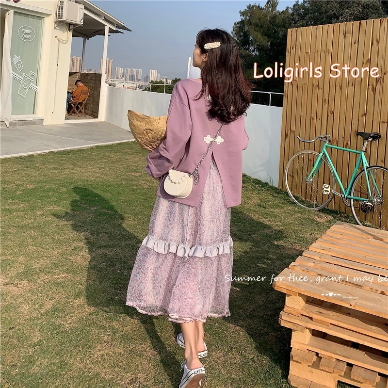 Осень 2020 новинка свободная юбка в сеточку с цветочным принтом милая толстовка