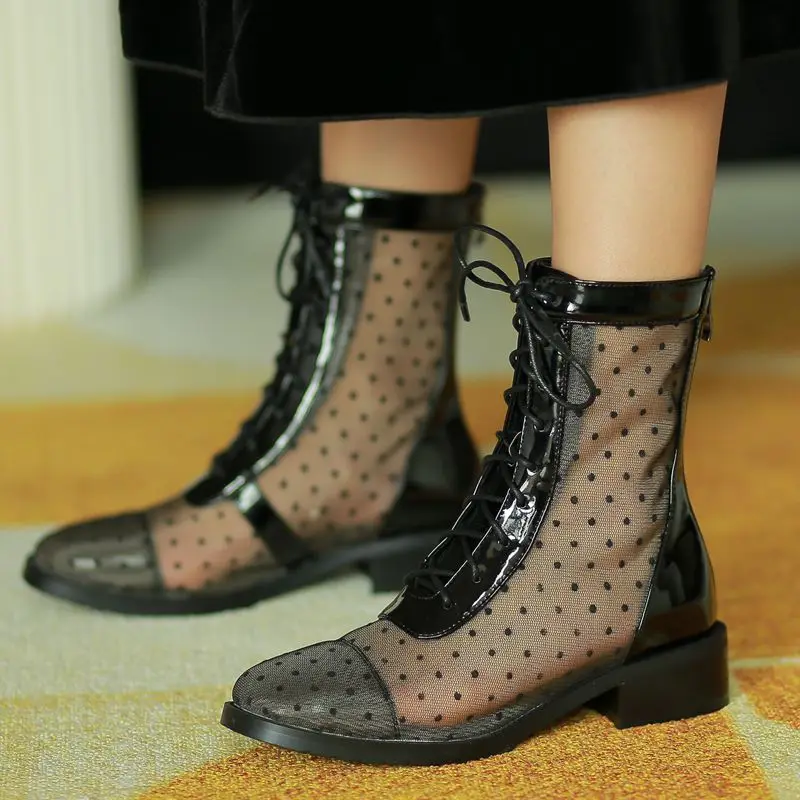 COOLULU Polka Dot Ankle Booties Square Mid Heel Lace Up Women Boots Fashion Summer Zipper Patent Leather | Обувь