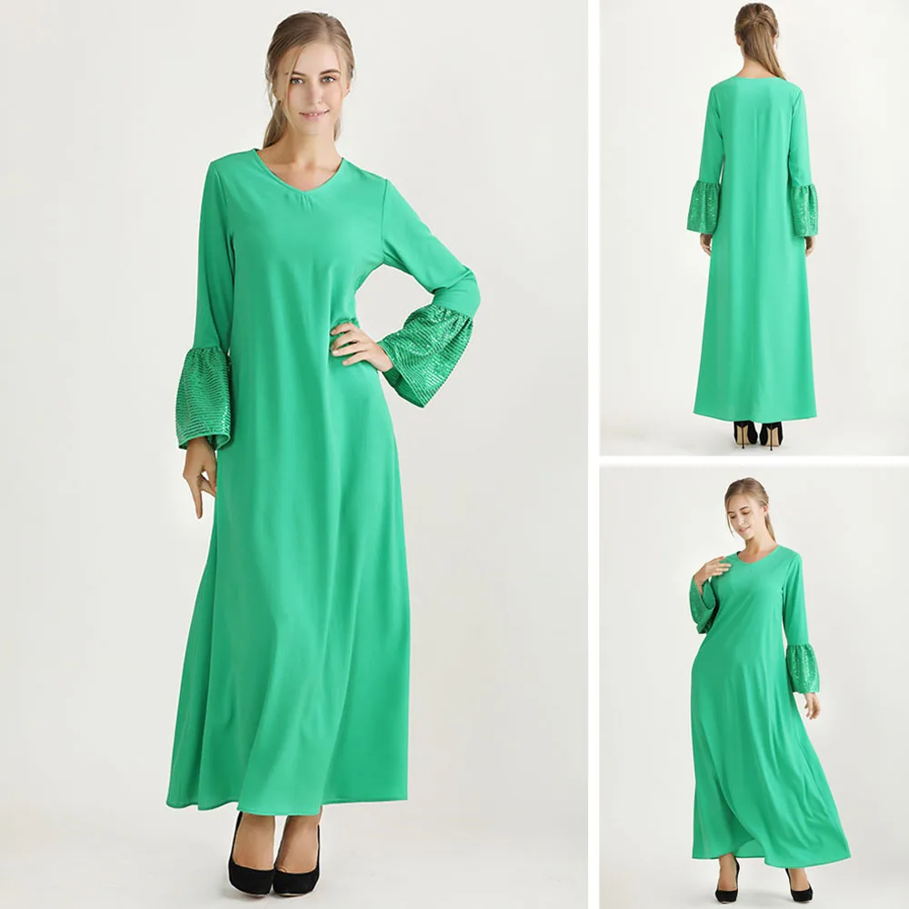 

Dubai Casual Women's Long Dress Solid Color Muslim Islamic Abayas Arabic Middle East Ramadan V-neck Lantern Sleeve Vestido Robe
