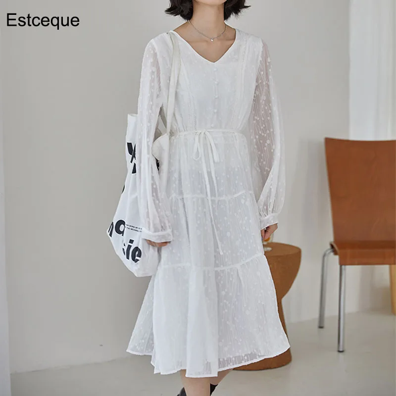 

Женское шифоновое платье, белое длинное платье с V-образным вырезом и длинным рукавом, тонкое, с высокой талией, в богемном стиле, для осени, ...