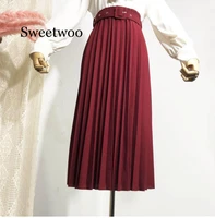 high waist women skirt casual vintage solid belted pleated midi skirts lady 11 colors fashion