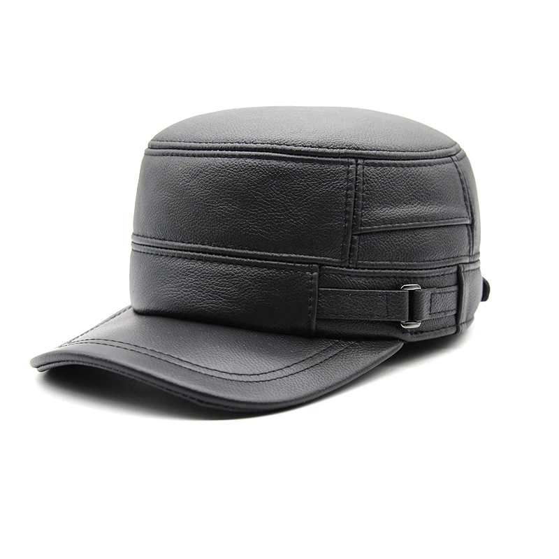 Cow Leather Flat Peak Baseball Cap&ampHats for men winter warm army hat adjustable ear flat black brown cap B28 | Аксессуары для