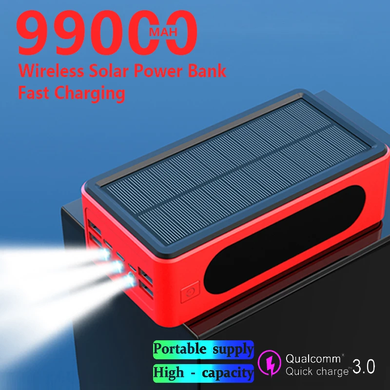 99000 мАч беспроводной Solar Power Bank портативный 4USB Светодиодная лампа зарядное