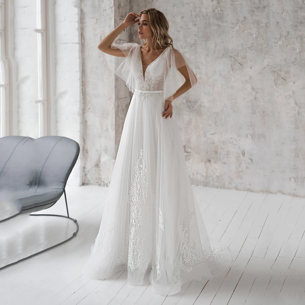 

UZN Elegant Wedding Dress V-Neck Puffy Short Sleeve A-Line Tulle Bridal Gown Lace Appliques Illustion Wedding Gowns