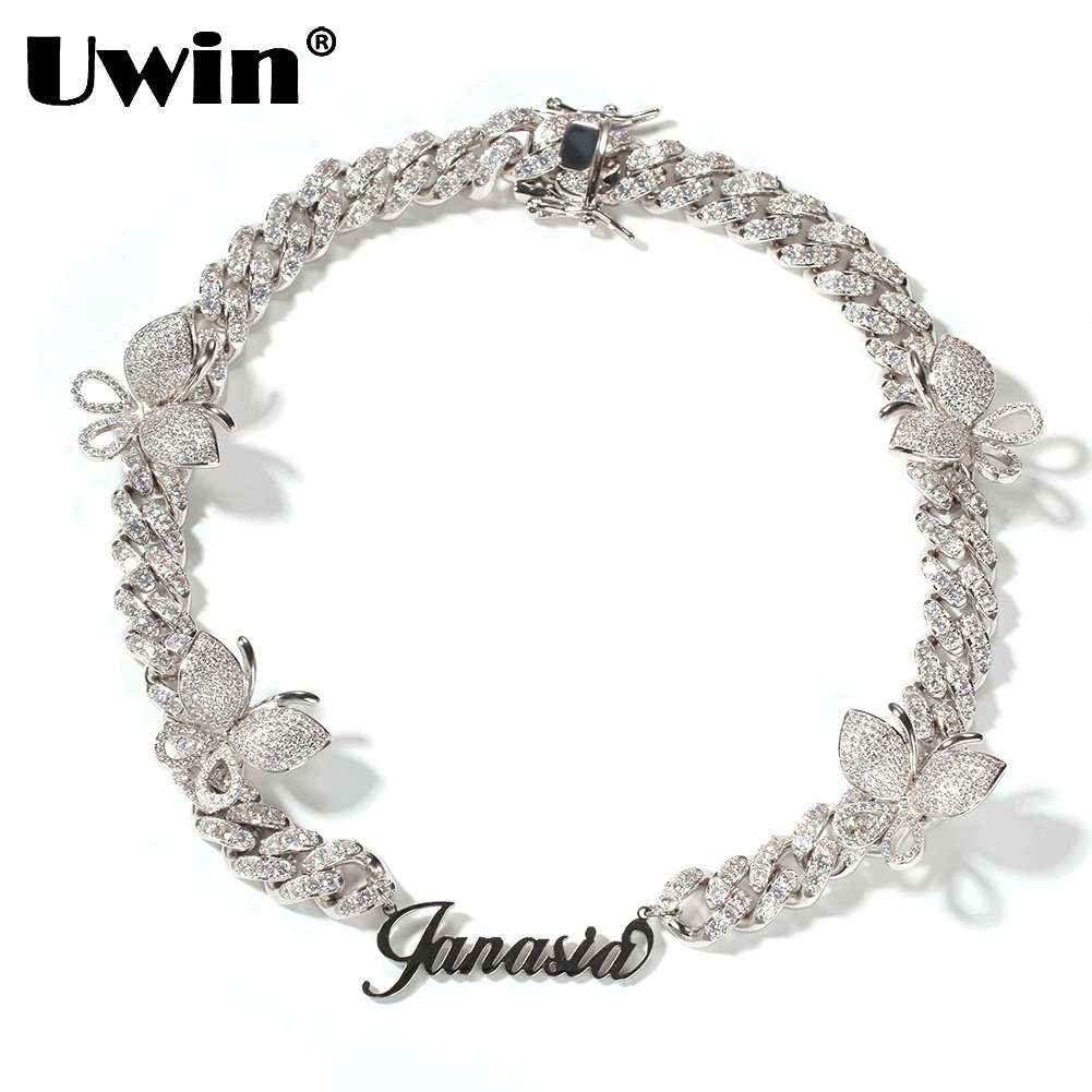 UWIN Custom Stainless steel Name Pendant with 12mm Butterflies Cuban Chain Fashion Miami Cuban Necklaces Personalized Jewelry