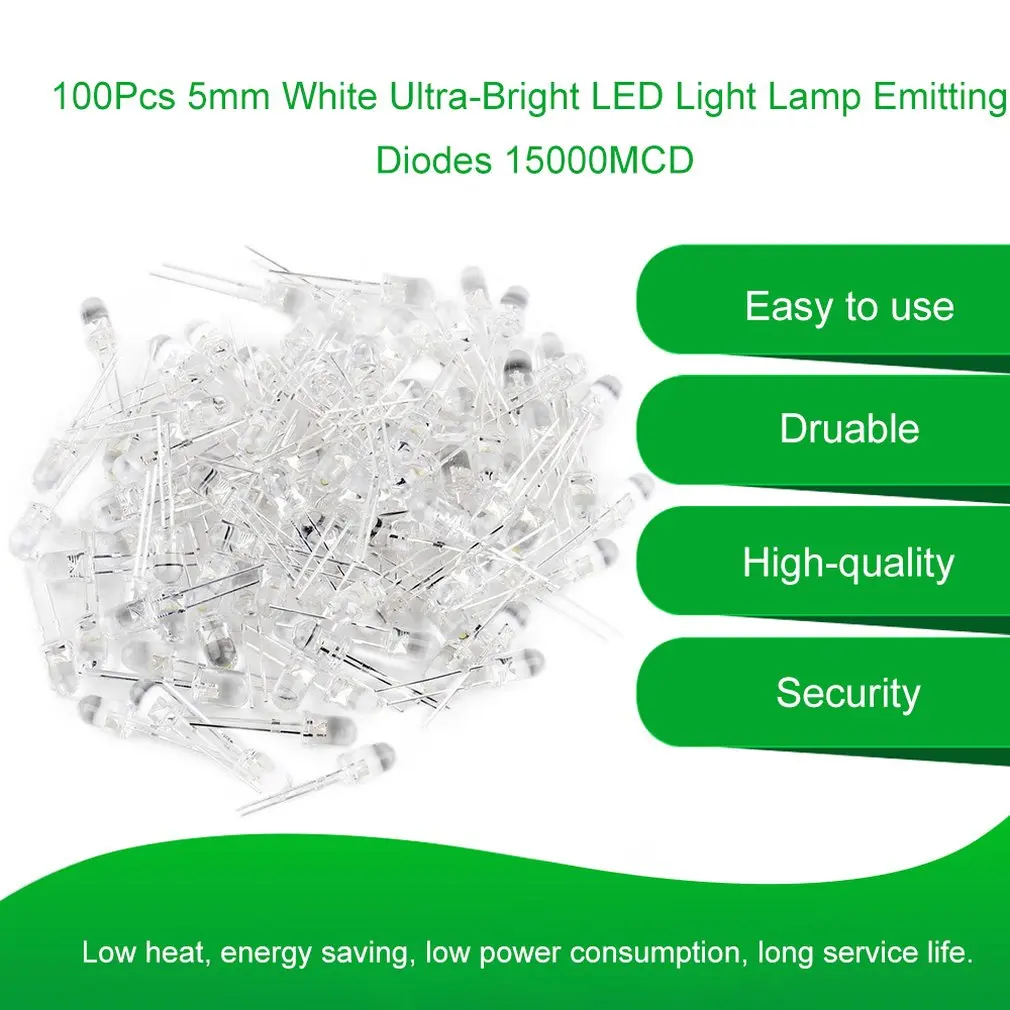 

100 штук 5 мм белые Ультра-яркий светодиодный светильник излучающие диоды для подавления переходных скачков напряжения 15000MCD по всему миру ма...