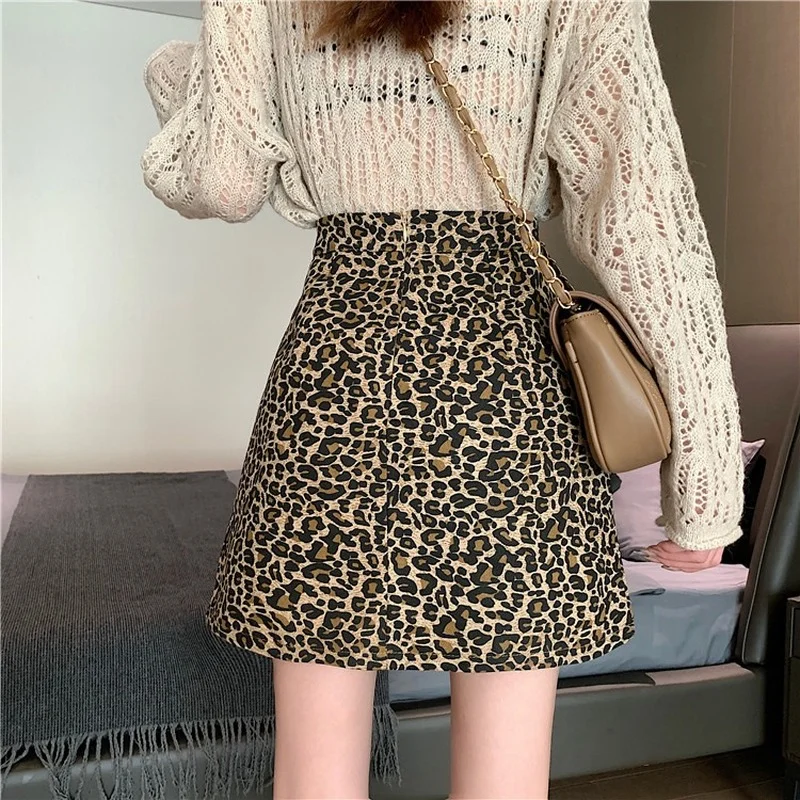 

Women High Waist Leopard Print Mini Wrap Skirt Autumn Casual Slim Bandage Fladas Female Elegant Irregular Bodycon Short Skirts