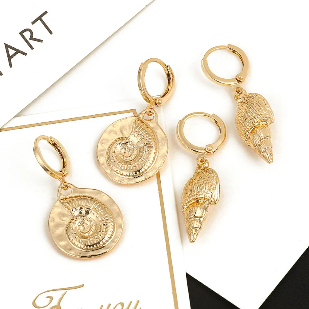 Крошечные висячие серьги Морская ракушка для женщин и девушек Золотые круглые