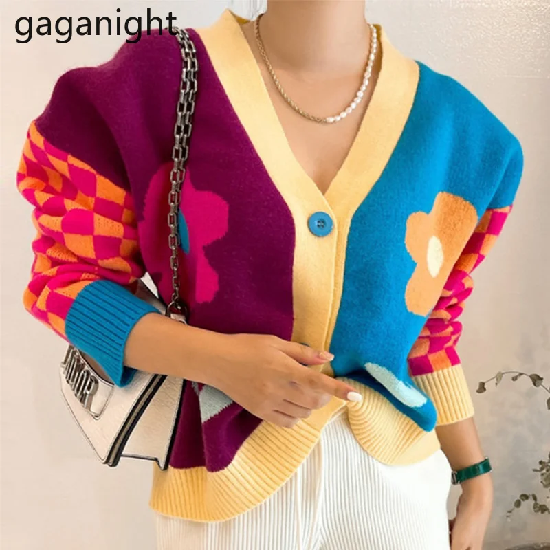 

Gaganight, Женский однобортный трикотажный кардиган с V-образным вырезом и цветами, Осень-зима 2021, свободный свитер с длинными рукавами, пальто