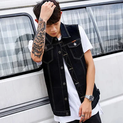 Мужская джинсовая безрукавка в ковбойском стиле черная повседневная Короткая