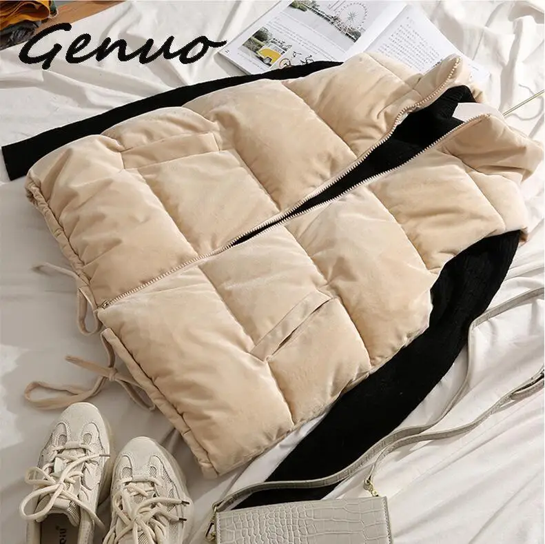 

Genuo New Black Winter Vest Women Waistcoat 2019 Female Sleeveless Jacket Stand Collar Warm Velvet Vest Outwear Colete Feminino