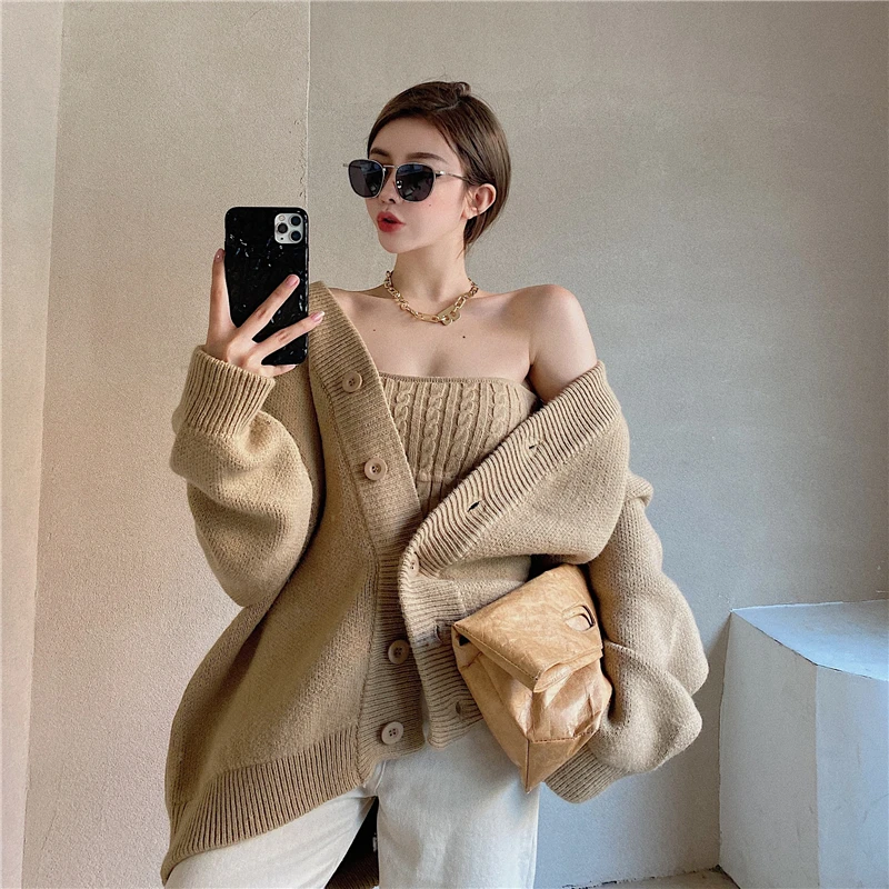 CMAZ women spring autumn sets 2pcs cardigan+camis loose female coats 8116# | Женская одежда