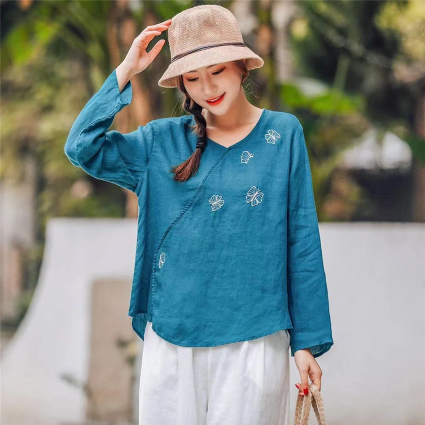 

2021 New Traditional Chinese Style Tops Clothing Women One Size Flax Solid Color Thin V Neckline Printing Long Sleeve Shirt