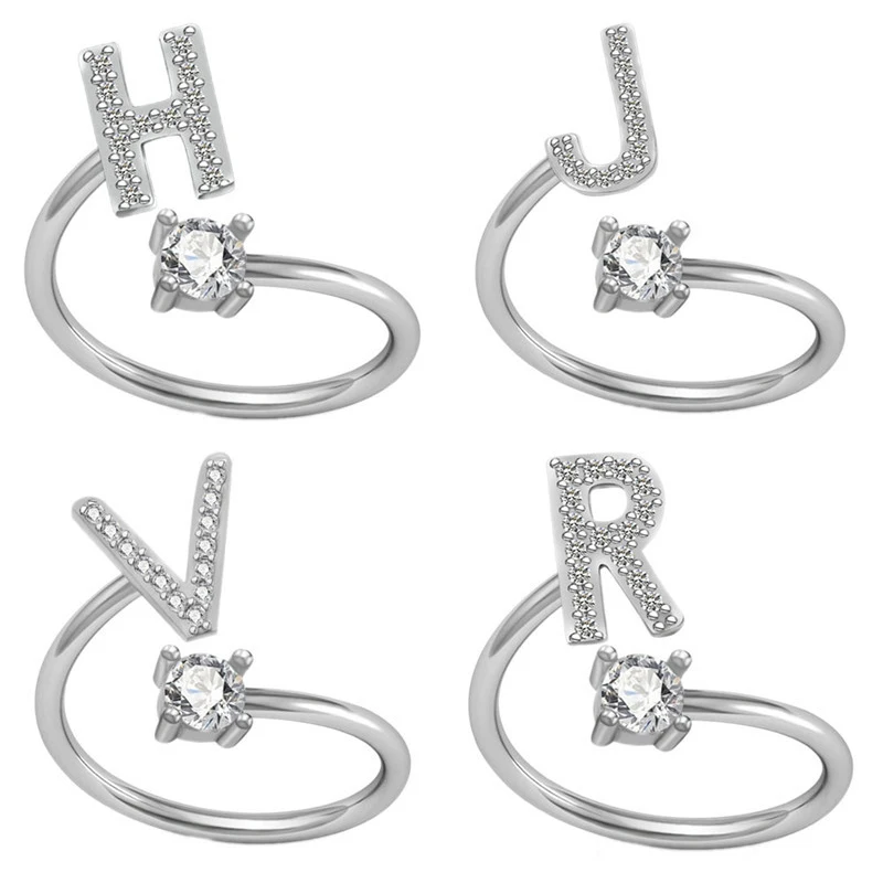 

Fashion 26 Letters Crystal Ring for Women Rhinestone Open Finger Rings Female Engagement Initials Ring Jewelry Party Gift