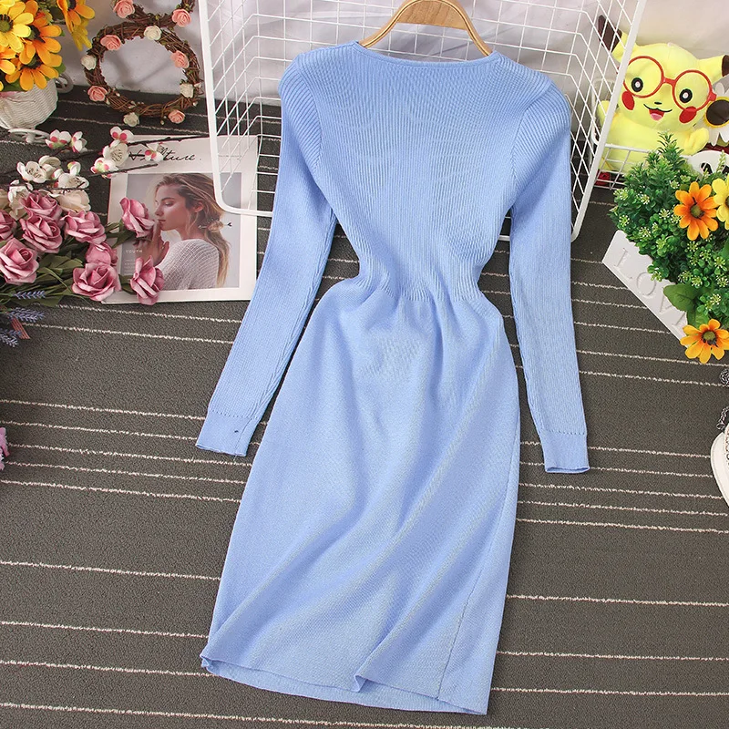

2021 New Spring Summer Women's Fashion Bandage Dress V Neck Solid Long Sleeve High Waist Tight Fitting Buttocks Ladies Dress