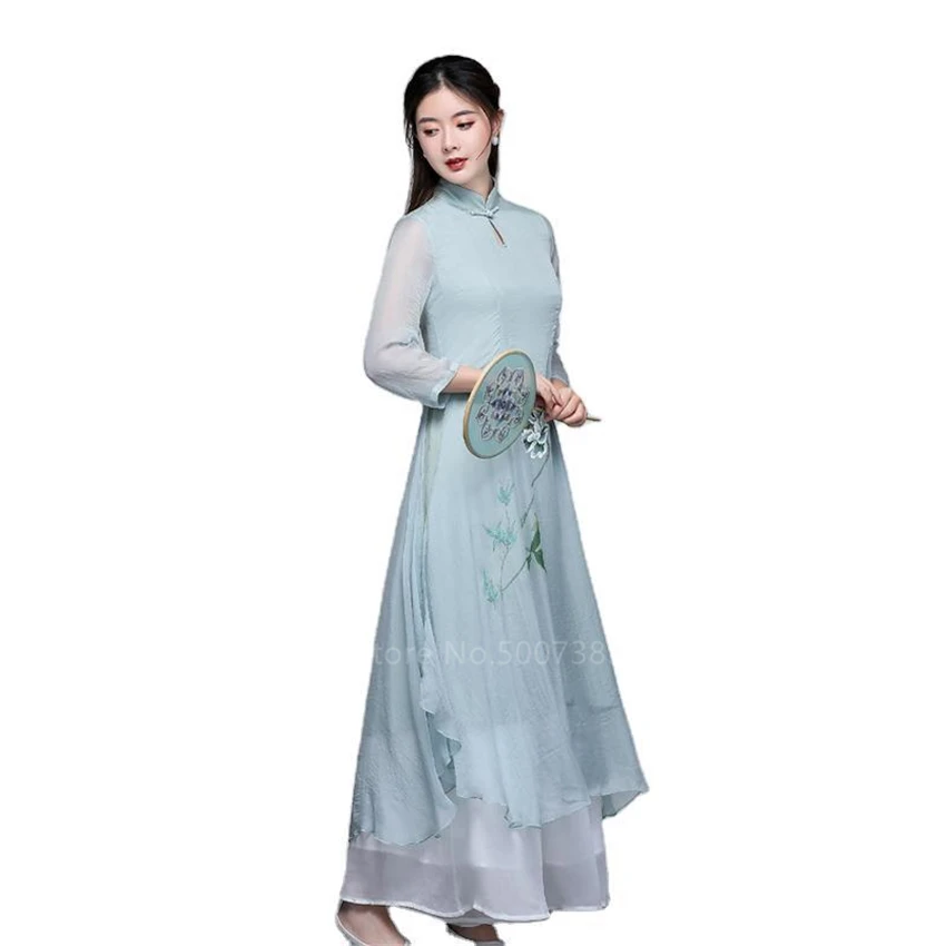 Женское Элегантное летнее шифоновое платье Ао Дай с длинным рукавом вьетнамское